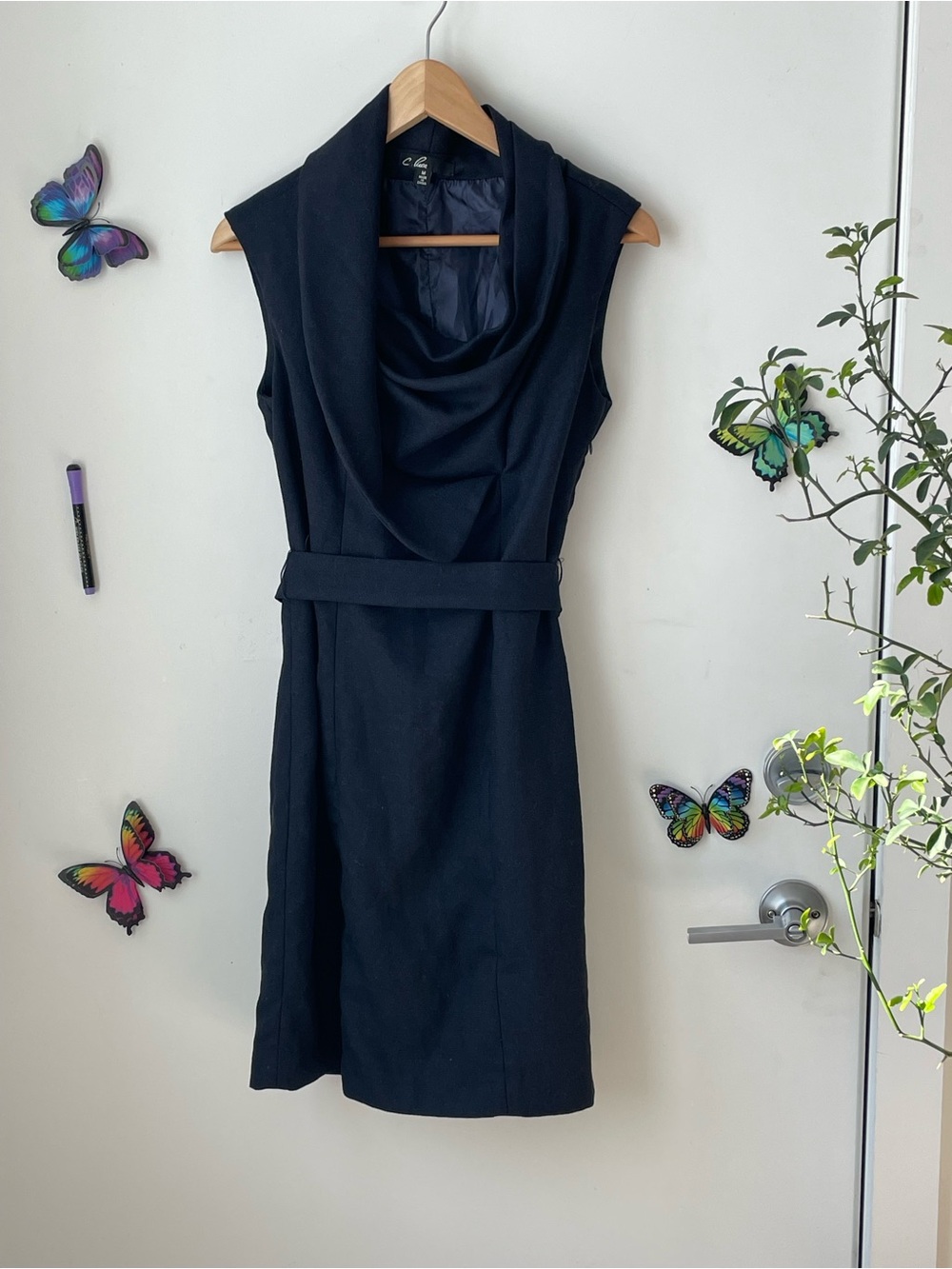 C. Luce Sleeveless Cowl Neck Belted Black Dress